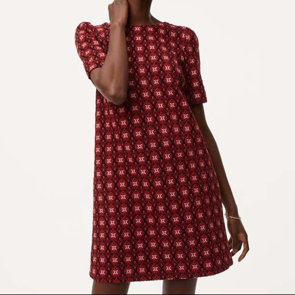 LOFT Dresses & Skirts - LOFT Ann Taylor Red Black Floral Medallion Textured Jacquard Shift Dress M (A7)